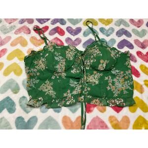 Joa Floral Corset Top Green Ruffle Lace Up Sleeveless Summer size 15"w‎ x 10"h